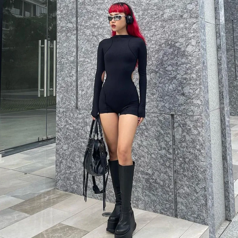 Summer Fashion Slim Solid Colour Playsuit One Piece Casual Round Neck Sleeveless Women's Sexy Hollow Splicing Women Clothing