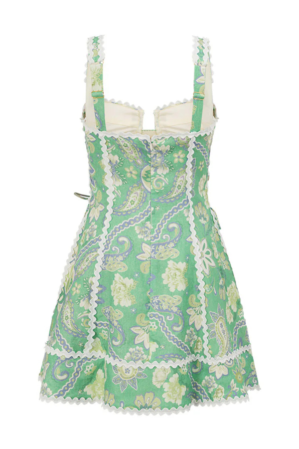 Unique Printed Serrated Trim Suspender Side Tie Vacation Mini Dress