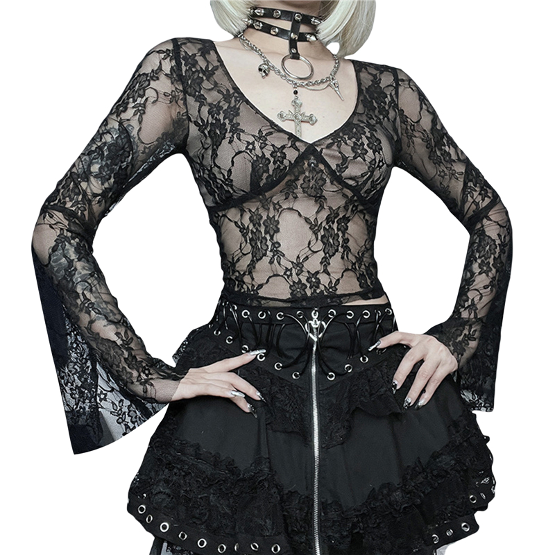 Cyber y2k Tops Women Aesthetic See Through Floral Lace Flared Long Sleeve T Shirt 2000s Goth Grunge Clothing Streetwear