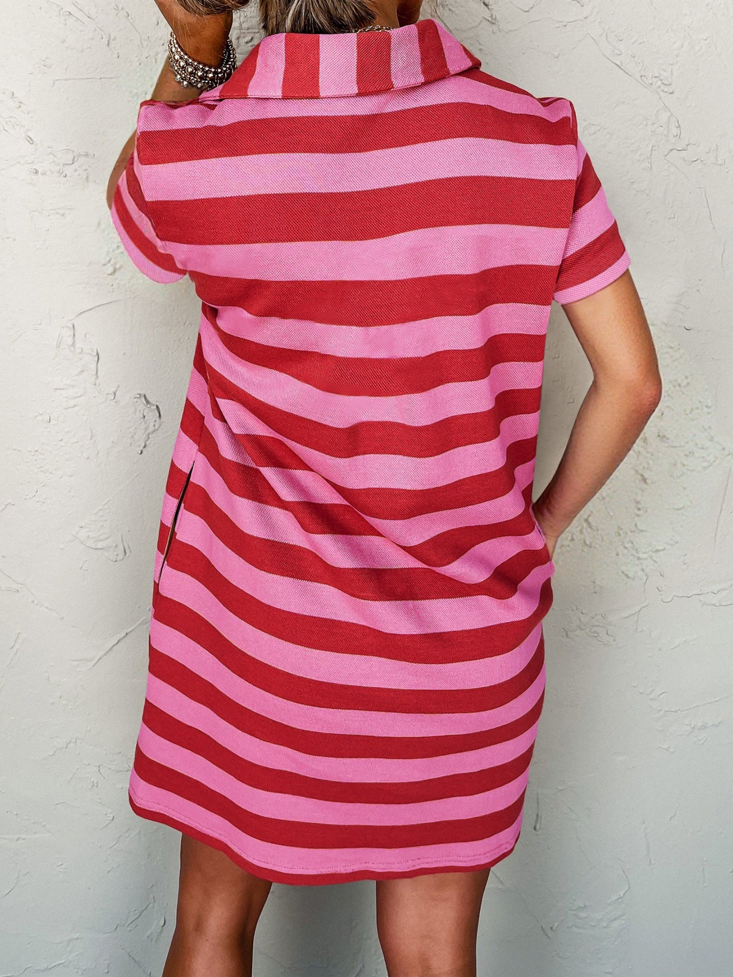 Stripes Color Matching Polo Collar Pocket Short-sleeved Midi Dress