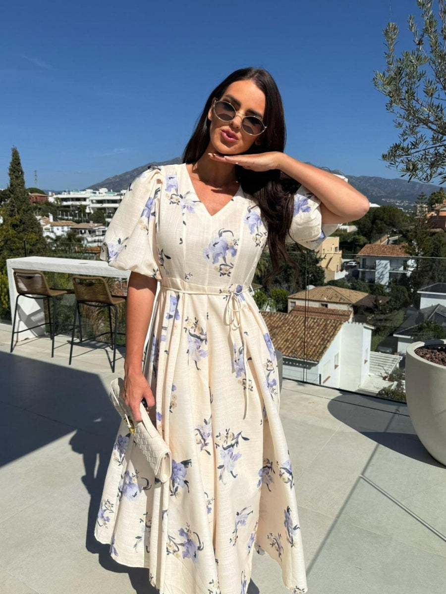 V-neck Puff Sleeve Printed Bandage Large Skirt Vacation And Leisure Maxi Dresses