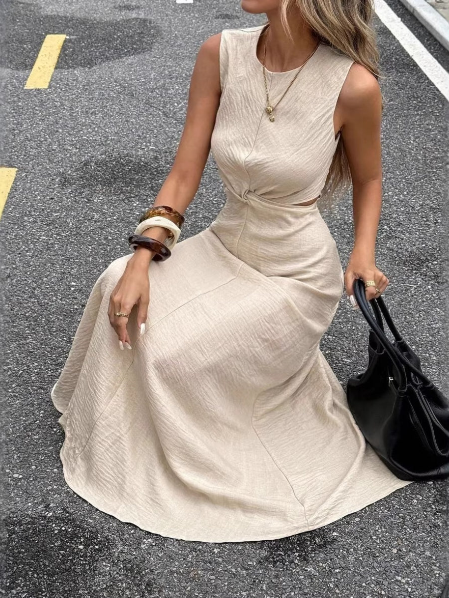 Crew Neck Sleeveless Kink Slim-fit Maxi Dresses