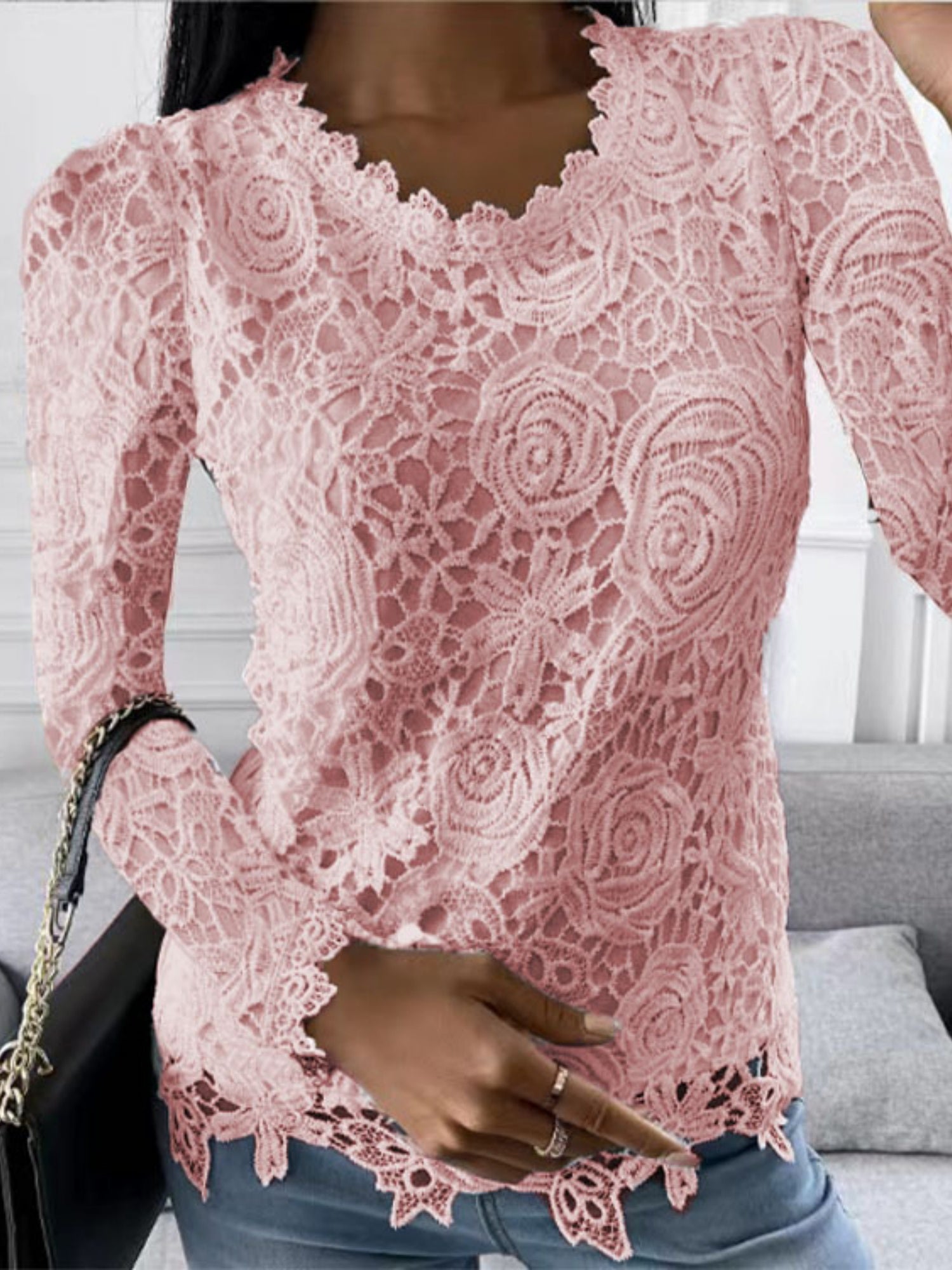 Lace Trim Crew Neck Long-sleeved T-shirt