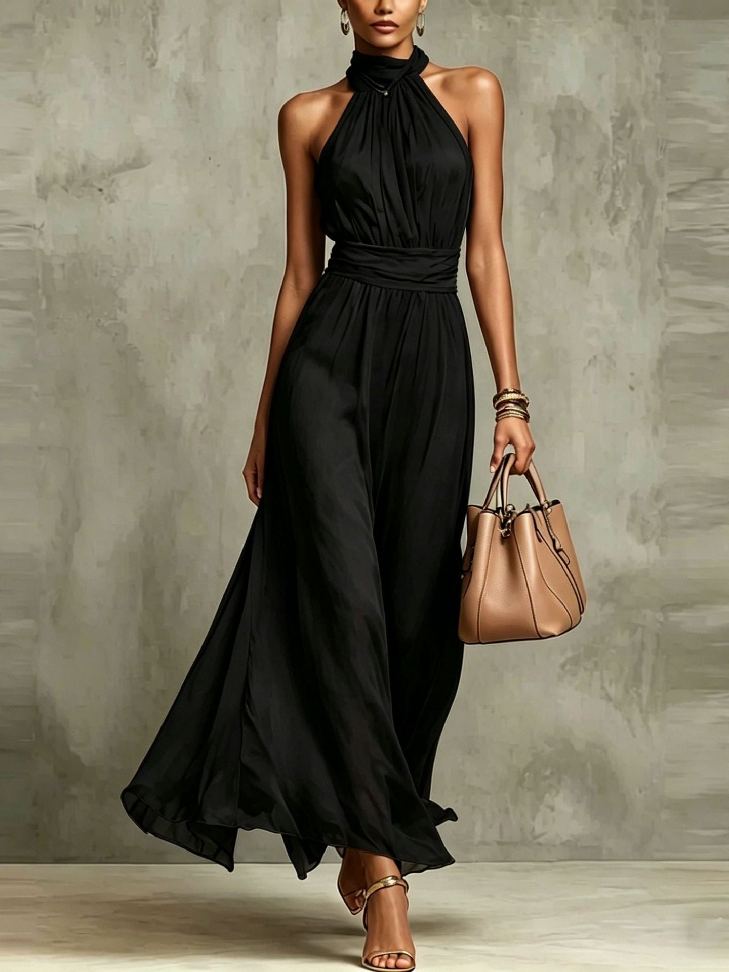Halter Neck Solid Color Chiffon Vacation Style Waist-cinching Pleated Long Dress