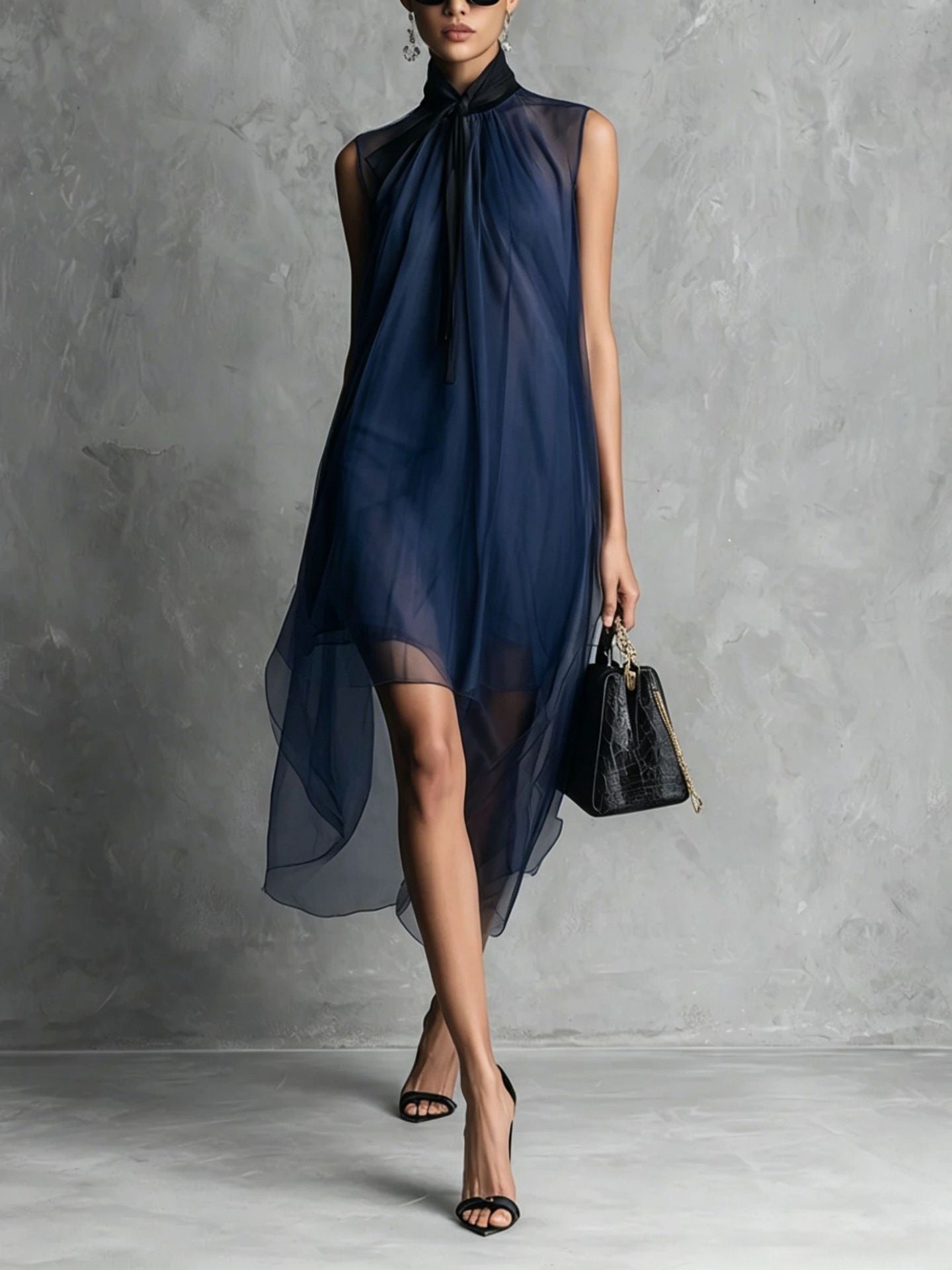 High-neck, Tie-up, Sleeveless Chiffon Dress With Bow Solid Color Irregular Midi Dress