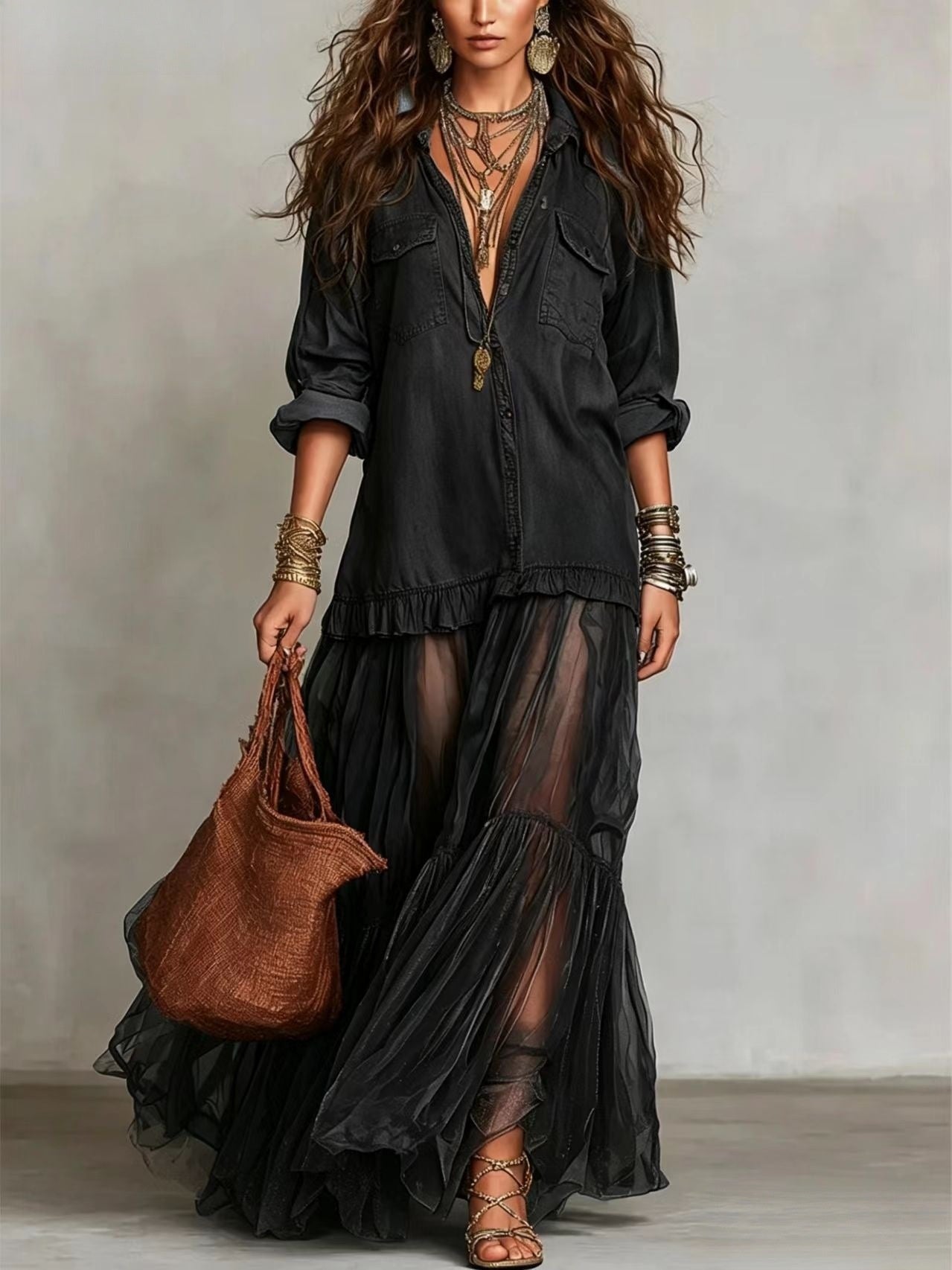 Retro-style Lapel Faux Denim Casual Long Dress With Pockets