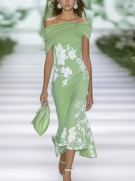 Ruffle Floral Print Sloping Shoulders Short-sleeved Midi Dress