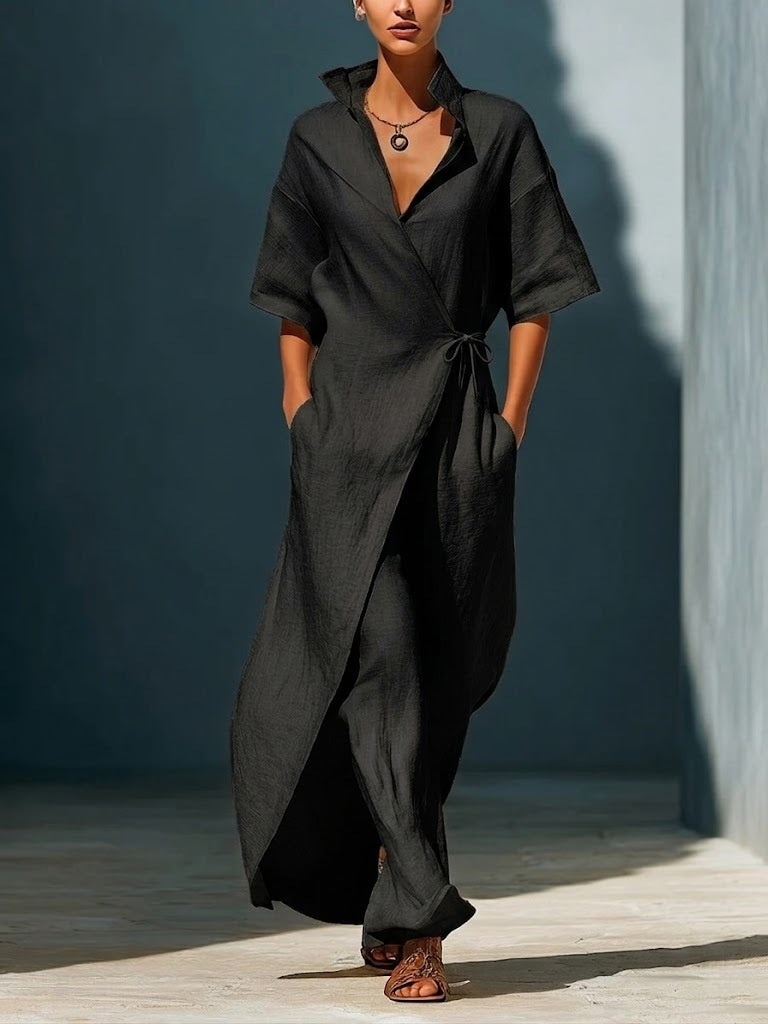 Casual V-neck Short-sleeved Tie-waist Solid Color Maxi Dresses