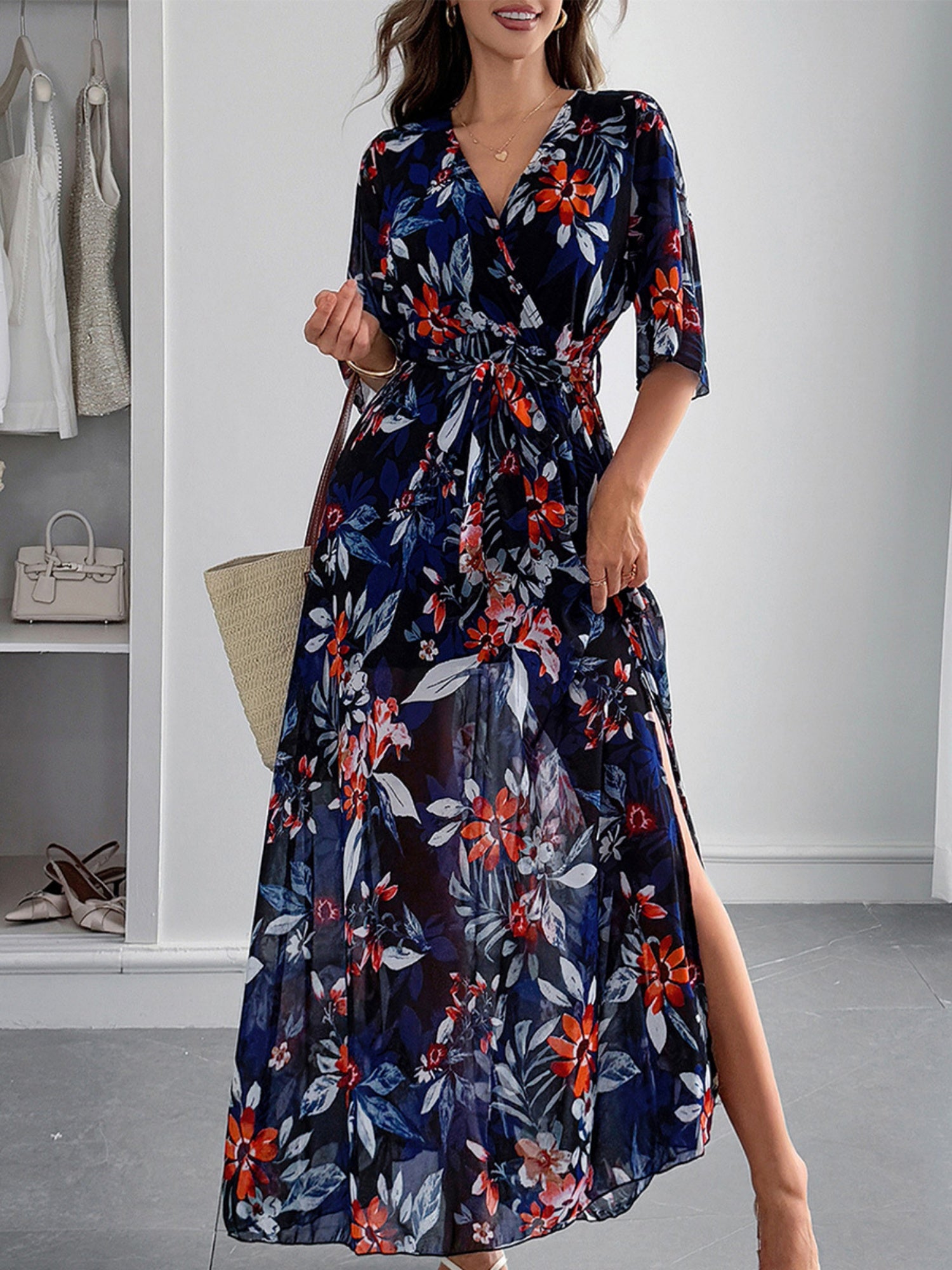 Printed Straps V-neck Short Sleeve Slit Maxi Dresses