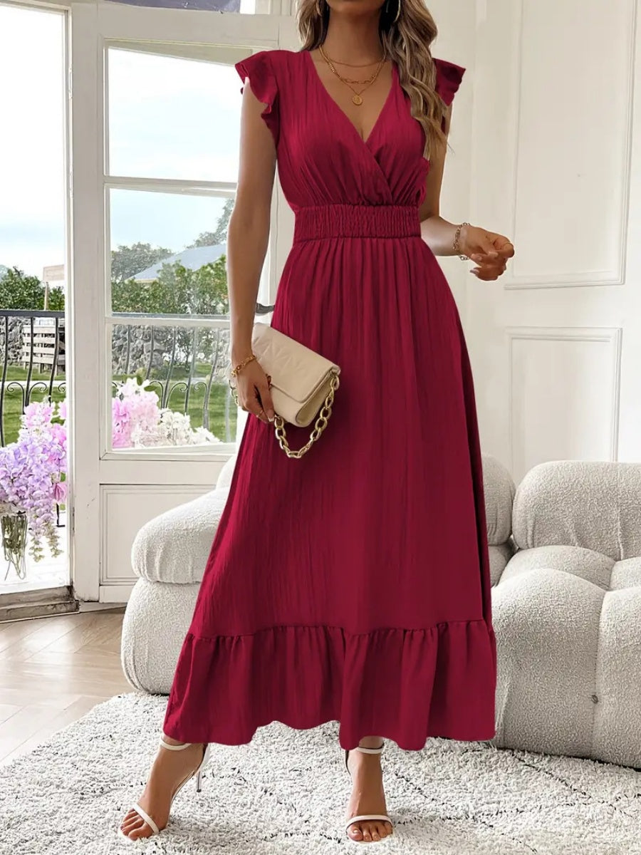 Solid Color Patchwork V-neck Long Dress