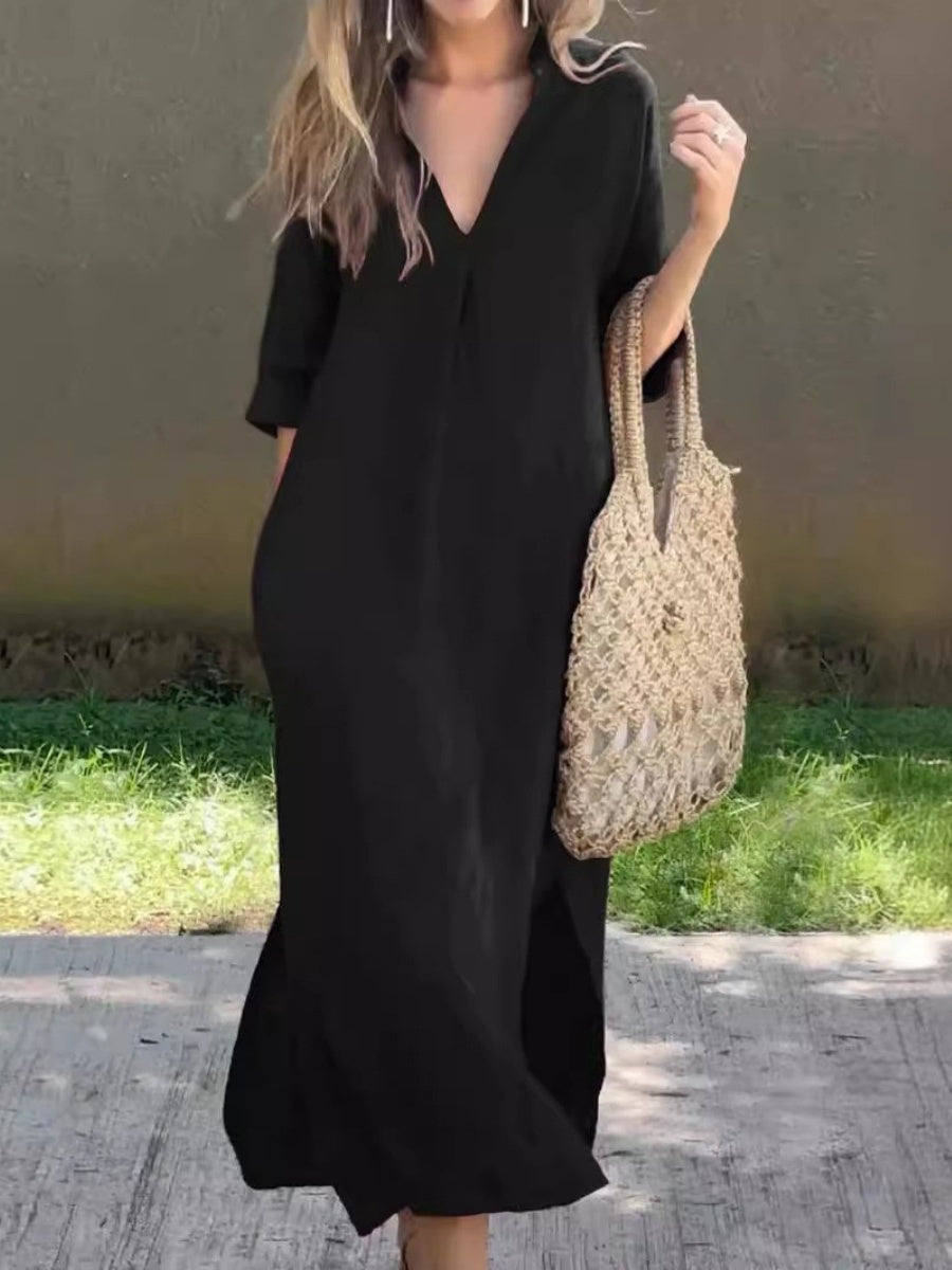 V-neck, Three-quarter Sleeve, Long Dress With Side Slit Pockets And Pleated Chest