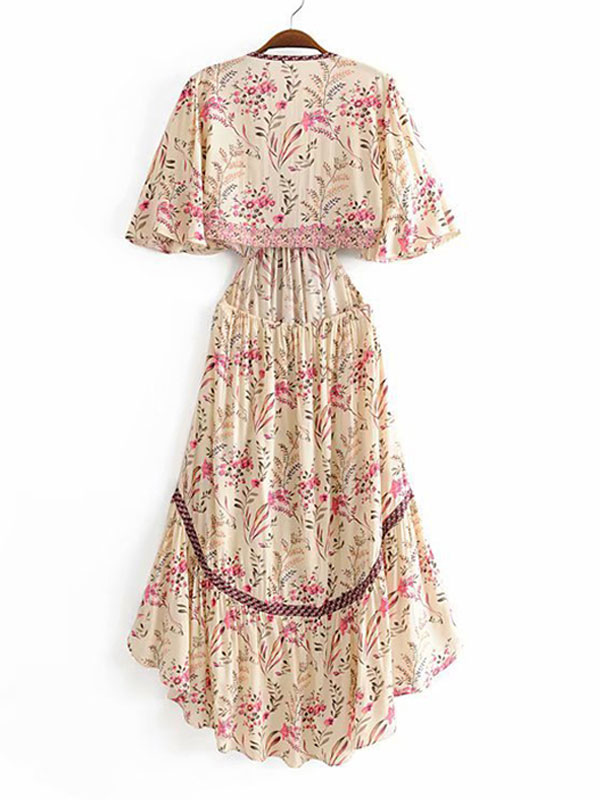 Floral High Low Boho Dress for Women - Cream Pink Cut Out Tie Front Flutter Sleeve Long Dress - Summer Beach Holiday 2026