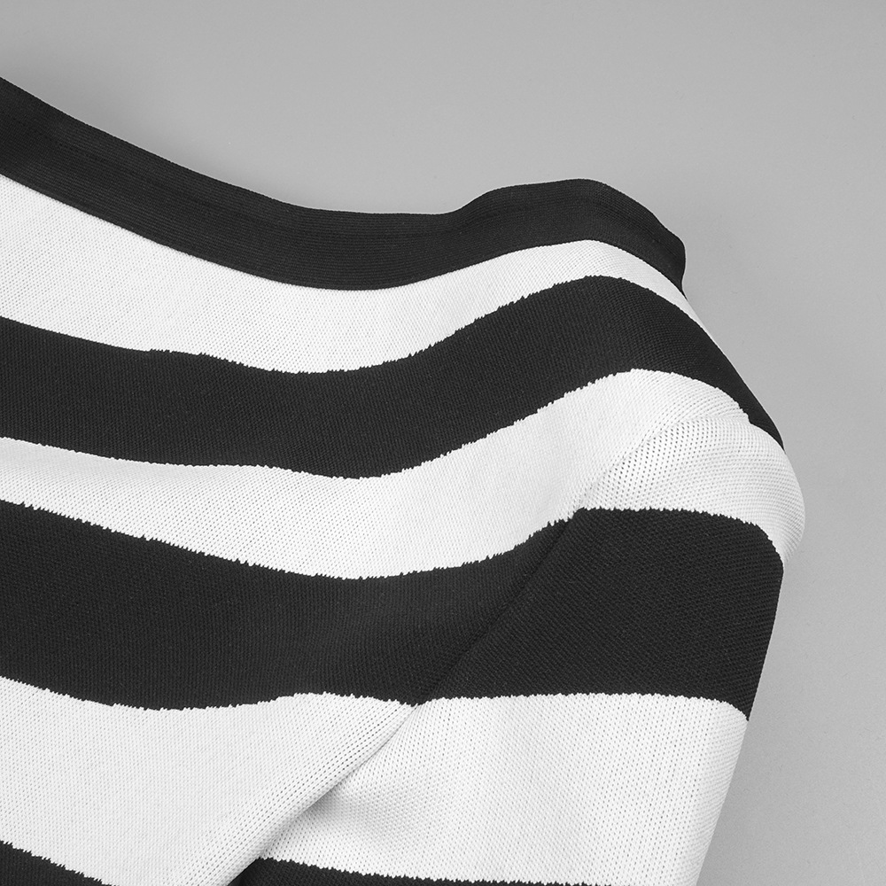Autumn Winter Black White Striped Sexy High Slit One Shoulder Dress Simple in Bandage Dress