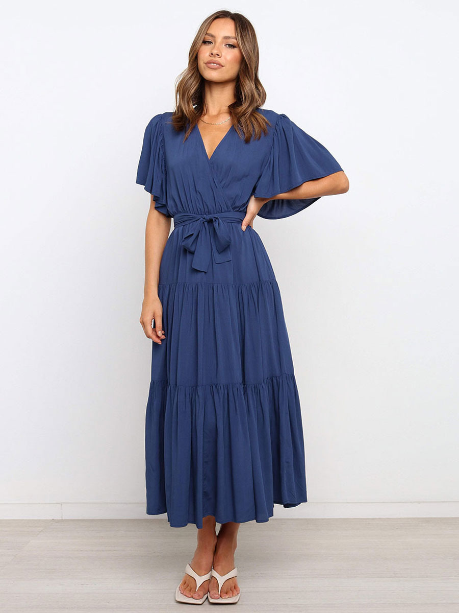 Boho Ruffle Tiered Midi Dress for Women - Lilac V Neck Flutter Sleeve A-Line Flowy Wrap Sun Dress - Summer Wedding Guest 2026