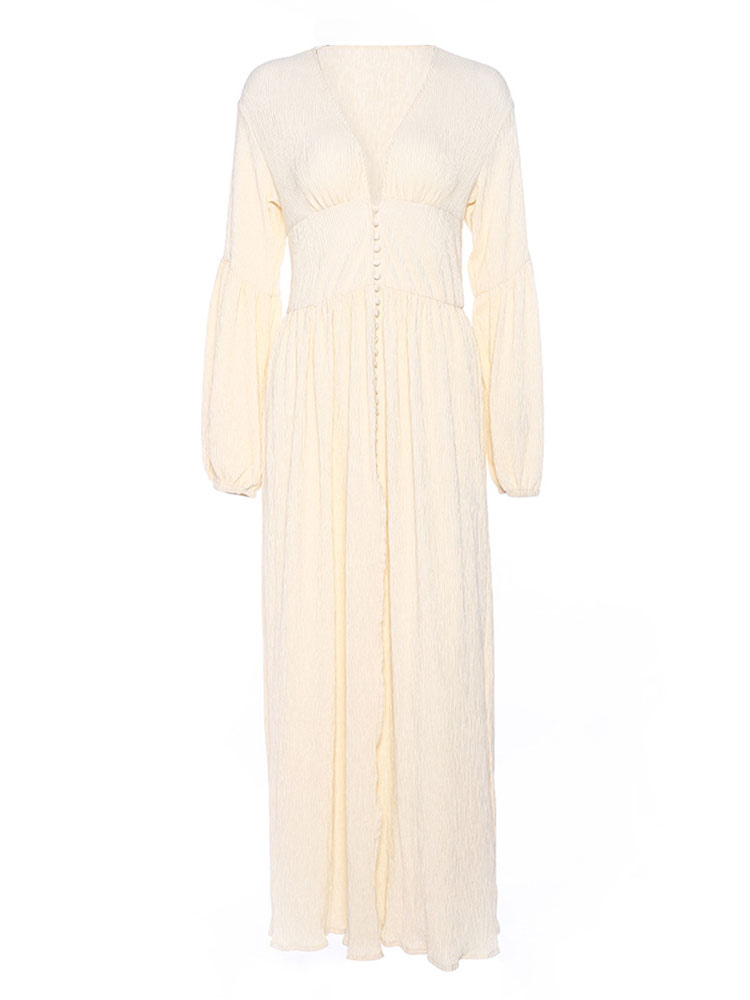 Boho V Neck Maxi Dress - Puff Sleeve Button Front High Slit Long Dress - Spring Beach Vacation 2026