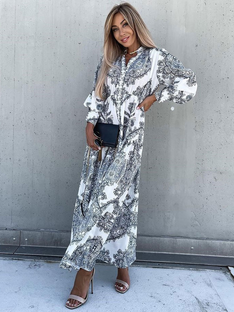 Baroque Emblem Maxi Dress for Women - Scroll Print V Neck Lantern Sleeve High Slit Dress - Spring Resort Wedding Guest 2026