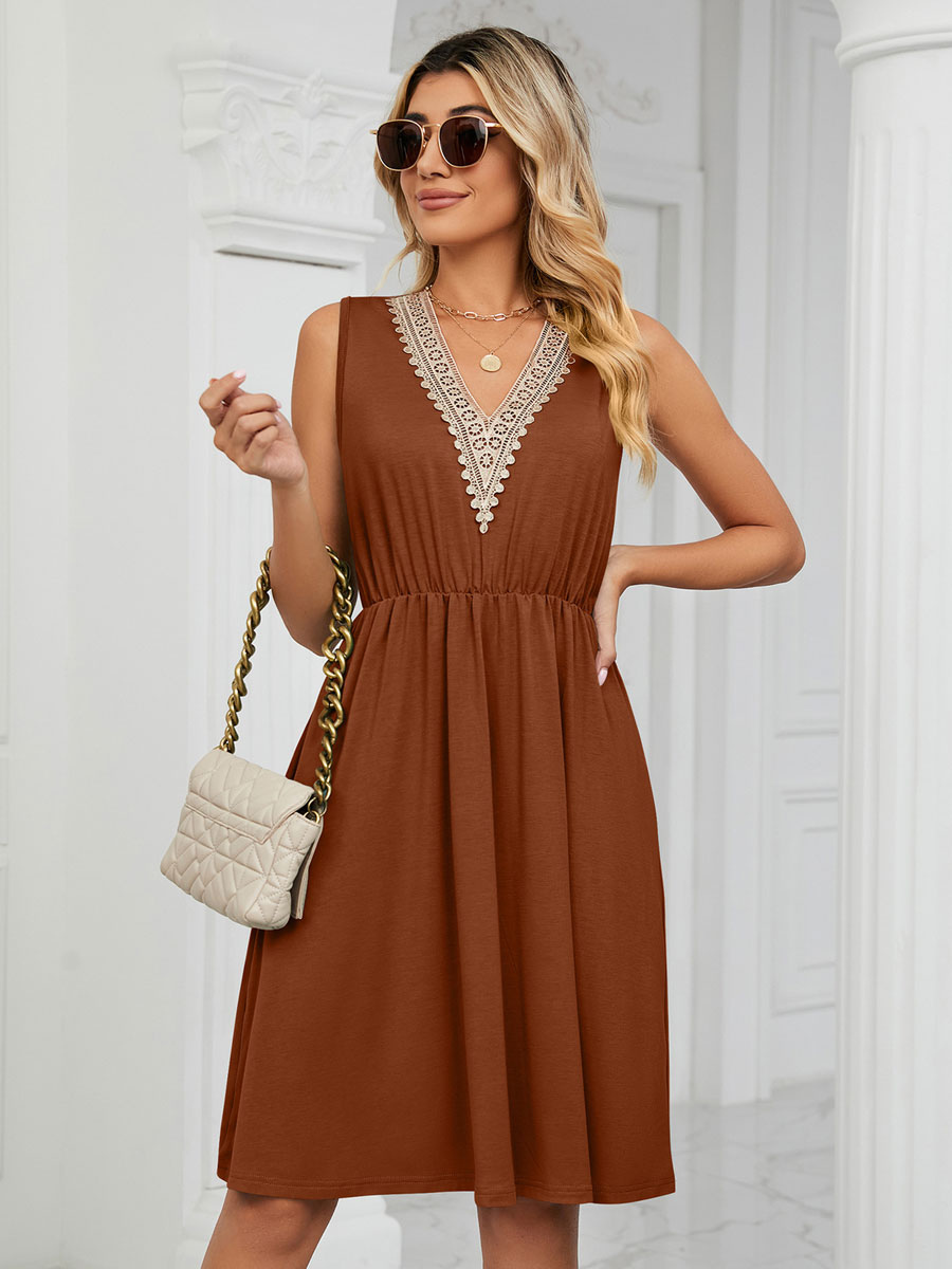 Lace V Neck Midi Dress for Women - Sleeveless A-Line Swing Sundress with Pockets - Summer Daily Casual 2026