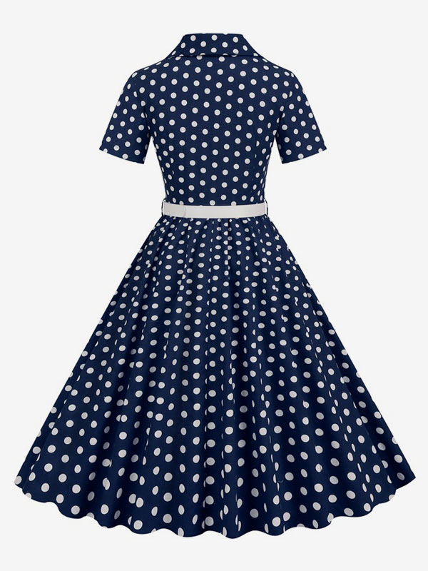 Retro Glamour Dress 1950s Style Turndown Collar Buttons Short Sleeves Polka Dot Swing Dress