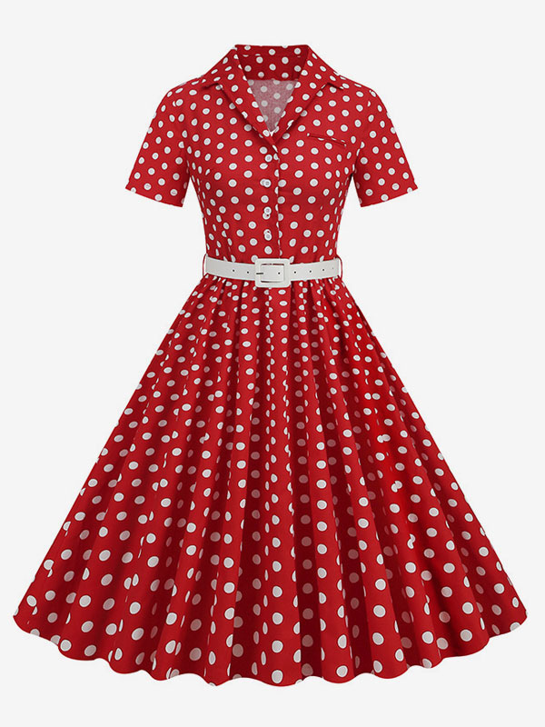 Retro Glamour Dress 1950s Style Turndown Collar Buttons Short Sleeves Polka Dot Swing Dress