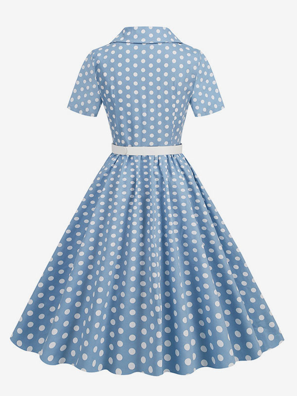 Retro Glamour Dress 1950s Style Turndown Collar Buttons Short Sleeves Polka Dot Swing Dress