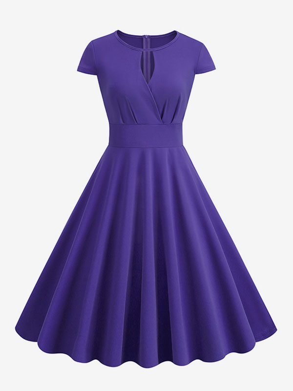 Vintage Glamour Dress 1950s Style Jewel Neck Cut Out Short Sleeves Medium Swing Dress
