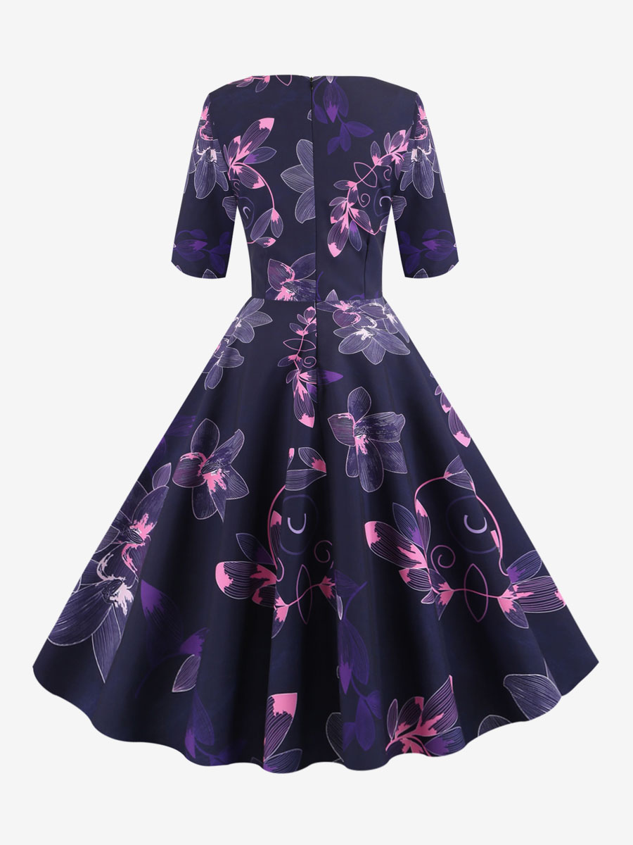 Vintage Glamour Dress Black 1950s Style Floral Print Layered Half Sleeves Sweetheart Neck Medium Rockabilly Dress