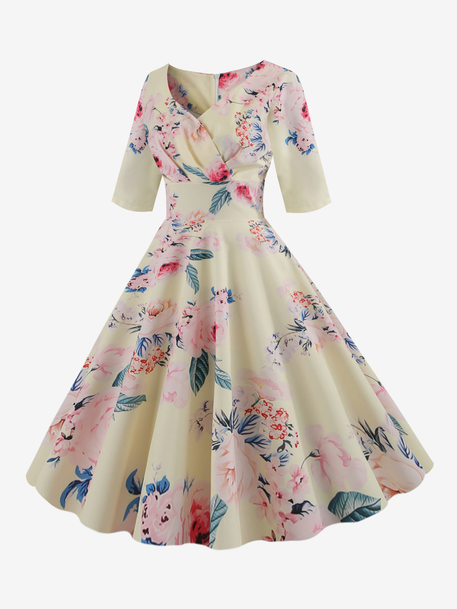 Vintage Glamour Dress Black 1950s Style Floral Print Layered Half Sleeves Sweetheart Neck Medium Rockabilly Dress