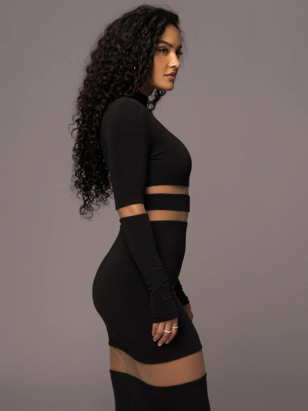 Mesh Patchwork Dress Long Sleeves See Through Party Bodycon Dresses