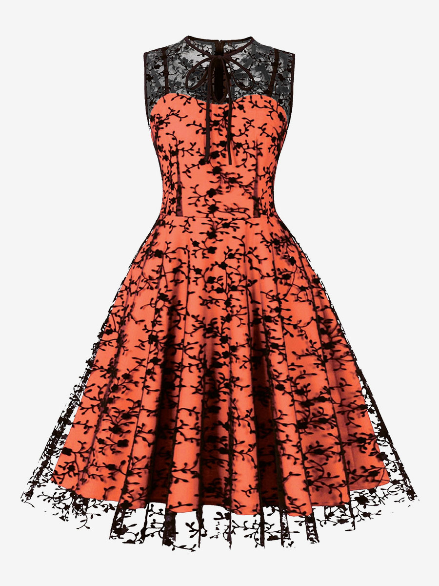 Embroidered Dress Round Neck Sleeveless Lace Up Retro Glamour Dresses