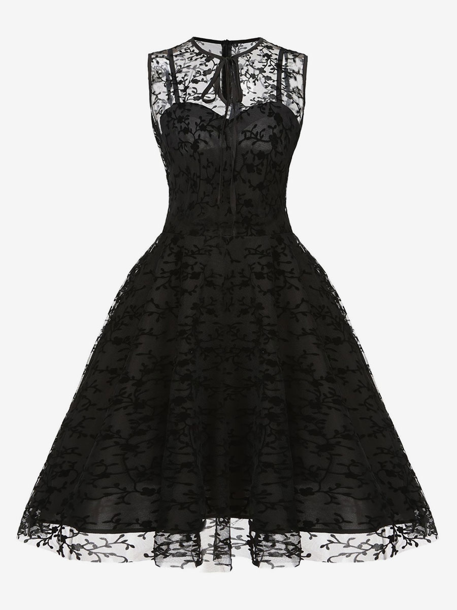 Embroidered Dress Round Neck Sleeveless Lace Up Retro Glamour Dresses