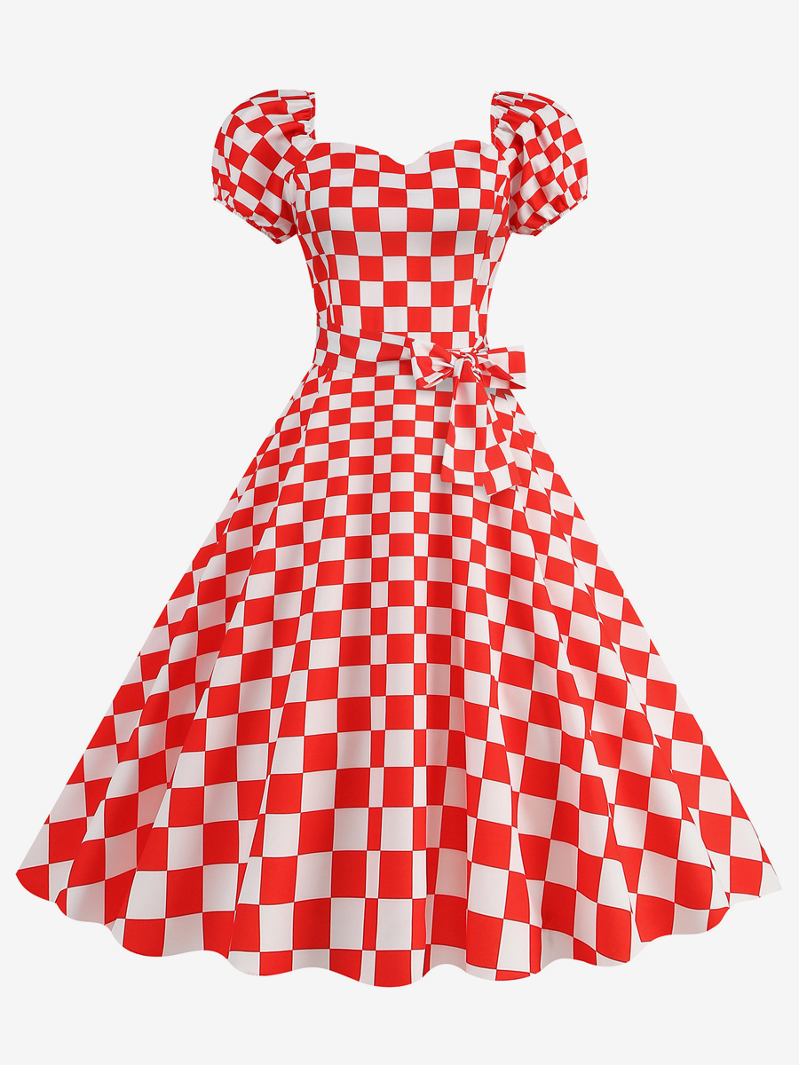 Retro Glamour Dress Sweetheart Neck Puff Sleeves Polka Dots Casual Long Dresses