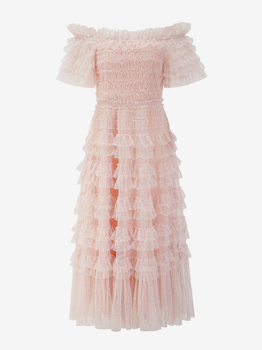 Party Maxi Dresses Embellished Collar Ruffles Polka Dot Sheer Semi Formal Dress