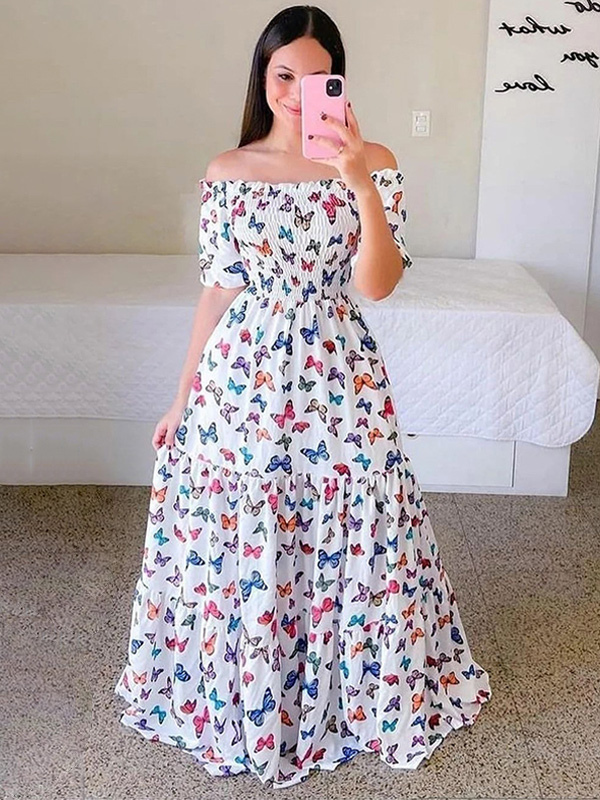 Printed Off Shoulder Smocked Maxi Dress for Women - Short Sleeves Tiered A-Line Sun Dress - Summer Beach Vacation 2026