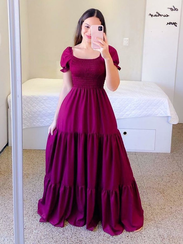 A-Line Dress Smocked Short Sleeves Tiered Ruffles Summer Maxi Dresses