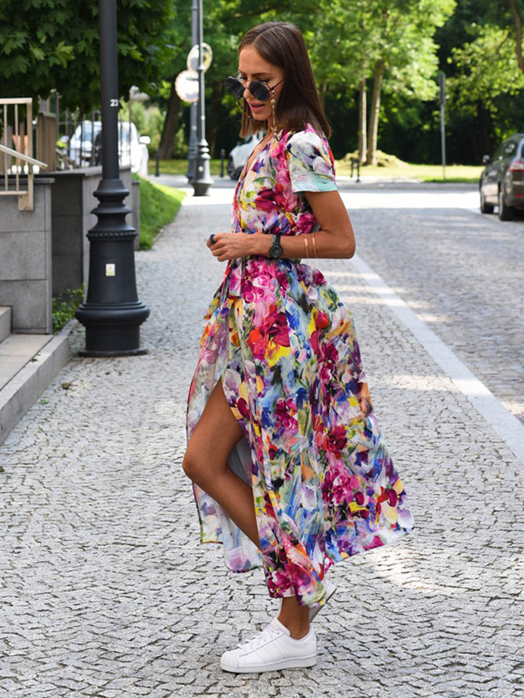 Printed Wrap Dress V-Neck Short Sleeves Belted Casual Summer Midi Dresses