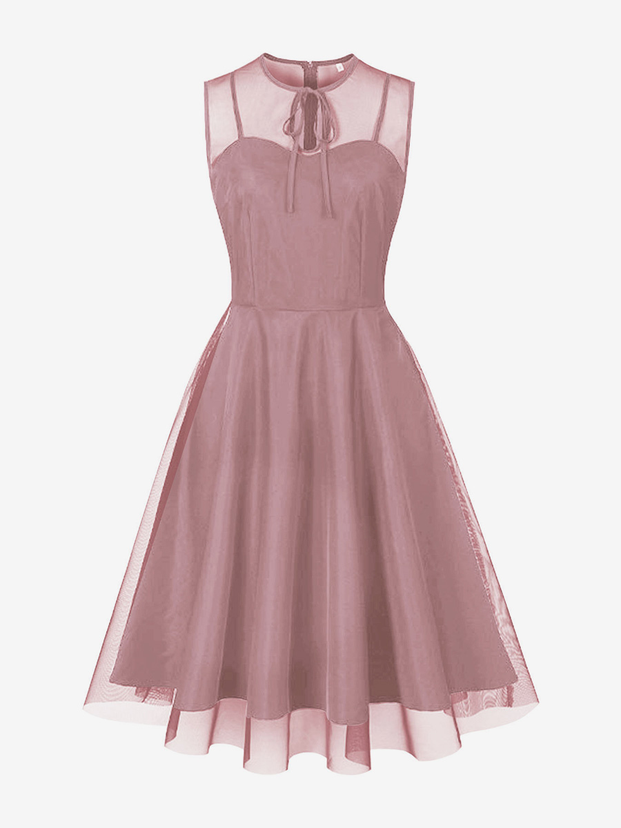 Retro Dress Burgundy Sheer 1950s Style Bows Sleeveless Jewel Neck Medium Rockabilly Dress