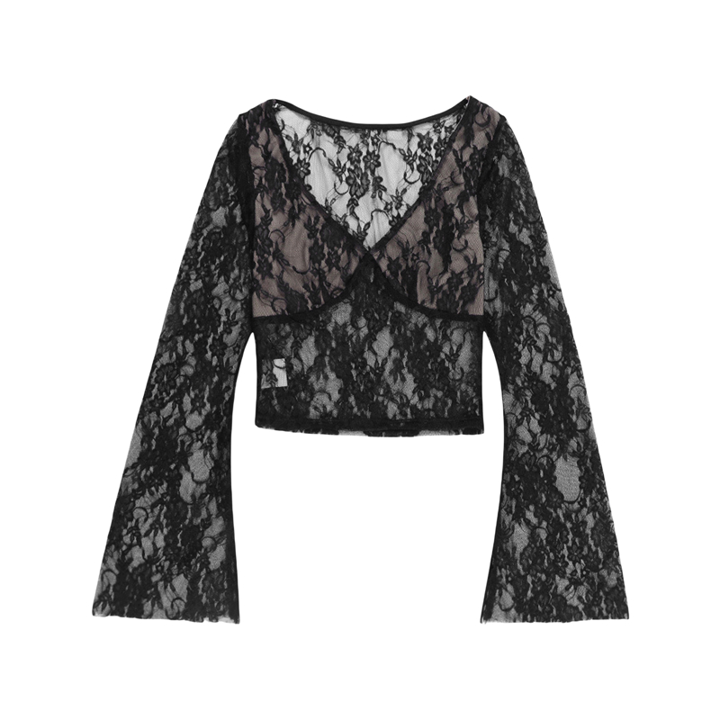 Cyber y2k Tops Women Aesthetic See Through Floral Lace Flared Long Sleeve T Shirt 2000s Goth Grunge Clothing Streetwear