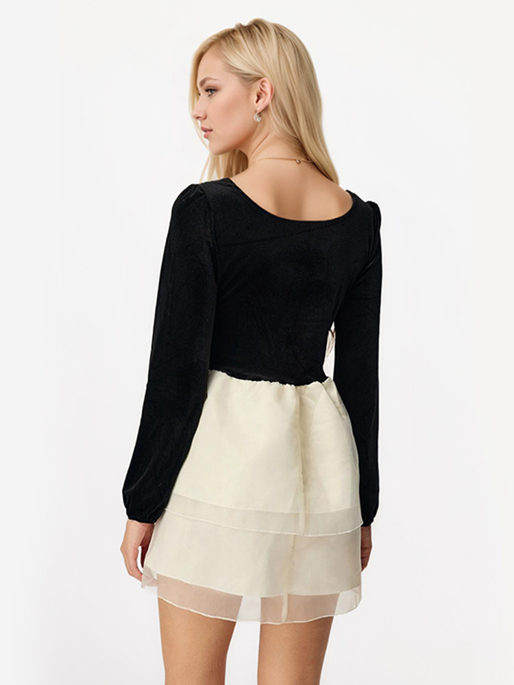 Contrast Mini Dress With Bowknot Long Sleeve Square Collar Layered Birthday Party Dress 2026