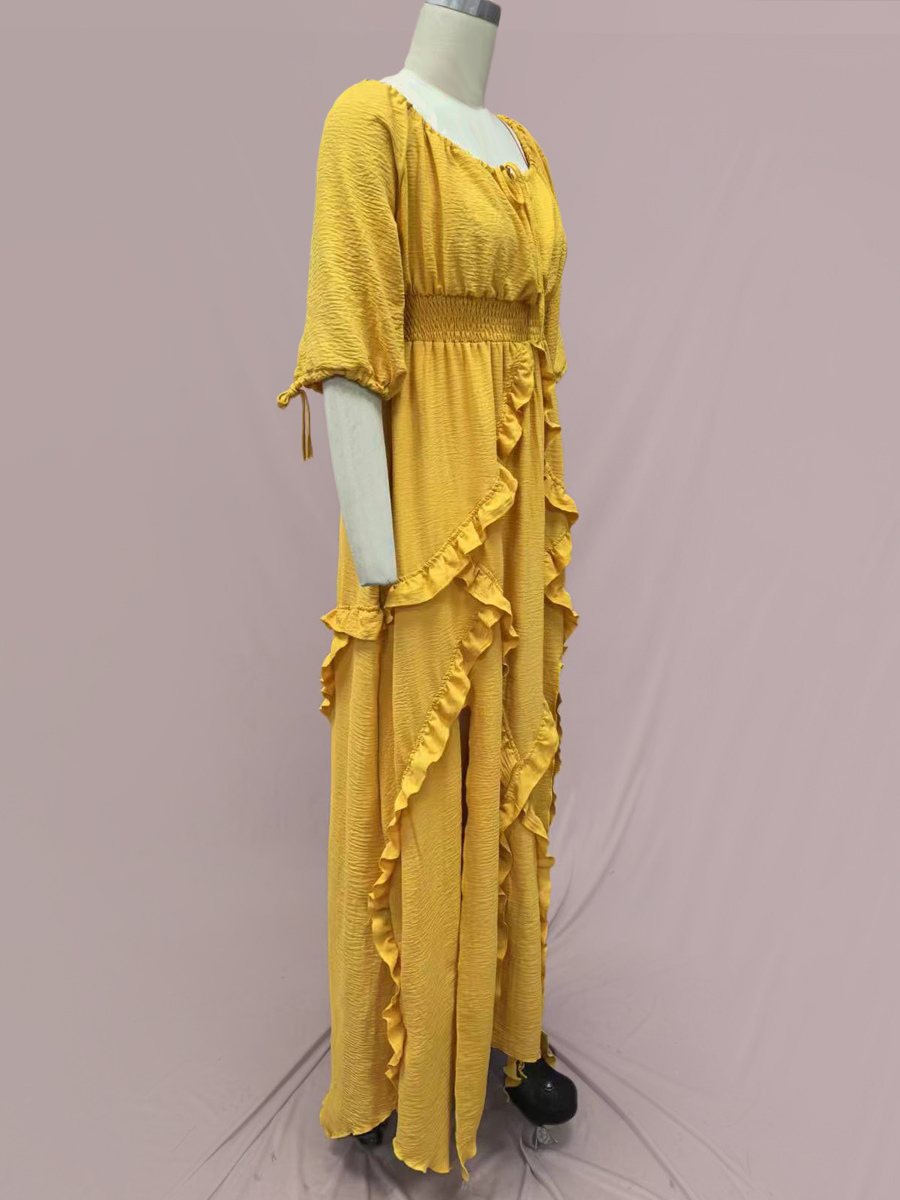 Square Neck Boho Maxi Dress for Women - Three Quarter Sleeve Tiered Ruffle Hem Smocked Flowy Long Dress - Summer Beach 2026