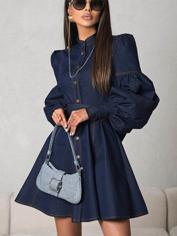 Denim Skater Dress Puff Sleeve Button-Up A-line Mini Dress For Women 2026