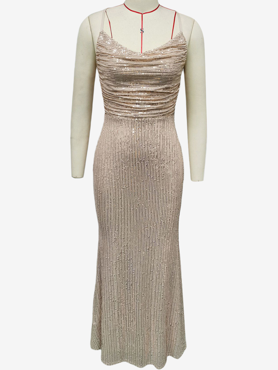 Sparkly Sequin Maxi Dress In Champagne Lace-up Ruched Spaghetti Straps Party Dress For Women 2026