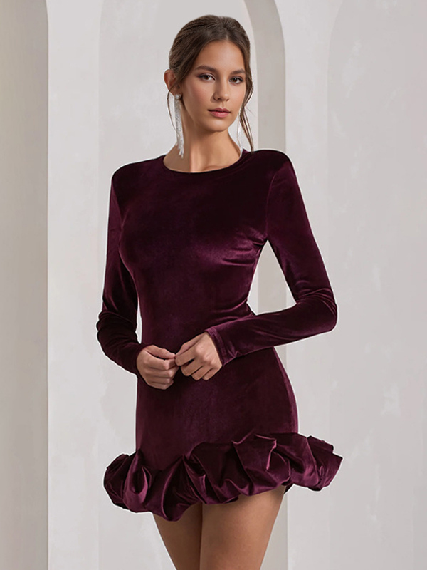 Elegant Velvet Mini Dress With Ruffle Hem Long Sleeve Bodycon Dress For Women 2026