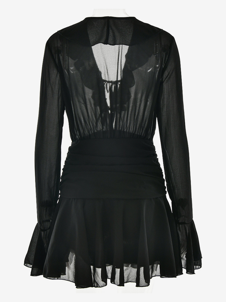 Mini Dress With Tie Front V-neck Long Sleeve Ruched Waist Skater Dress For Women 2026