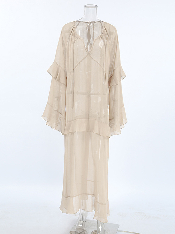 Sheer Chiffon Maxi Dress for Women - Khaki Boho Ruffle Flare Sleeve V Neck Flowy Cover Up - Spring Summer Casual 2026