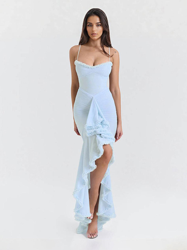 Ruffled Front Party Gown Long Slip Dress For Women 2026
