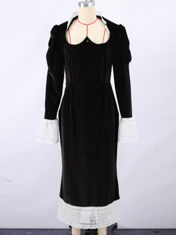 Elegant Black Velvet Dress With Lace Details Long Sleeve Spring Long Dress For Women 2026