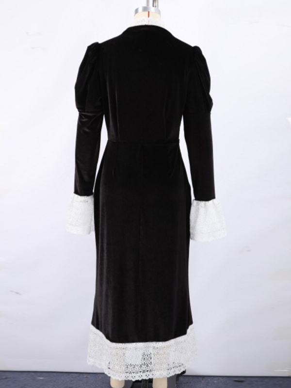Elegant Black Velvet Dress With Lace Details Long Sleeve Spring Long Dress For Women 2026