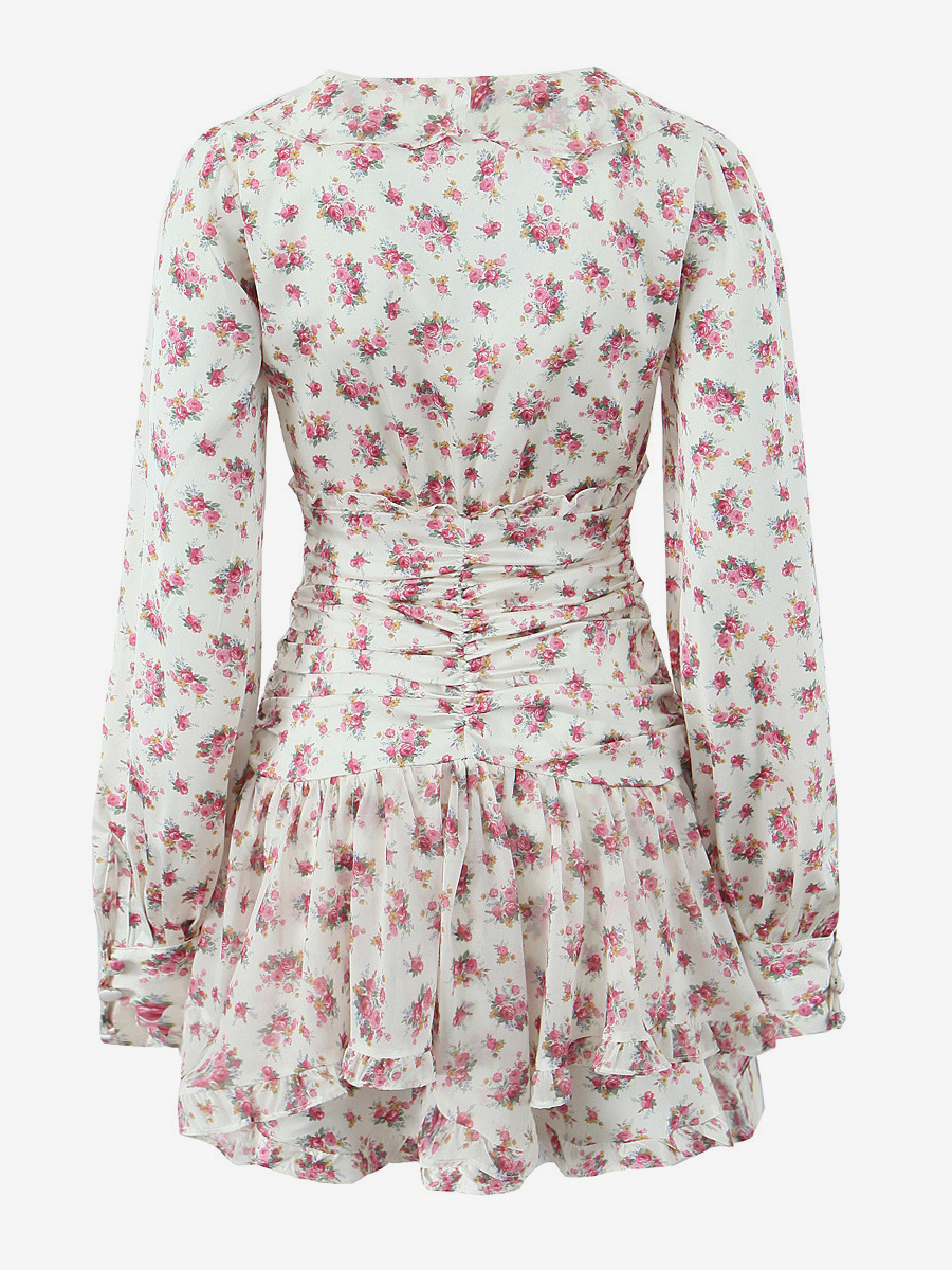 Pink Floral Print V-Neck Long Sleeve Mini Dress For Summer 2026