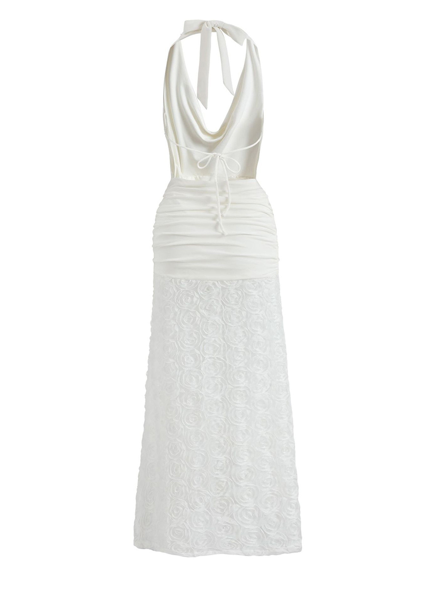 White Halter Neck Maxi Dress With 3D Flower Skirt 2026