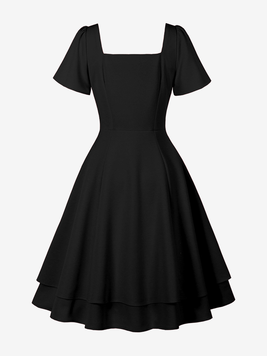 Vintage Square-Neck Midi Dress In Black For Summer 2026